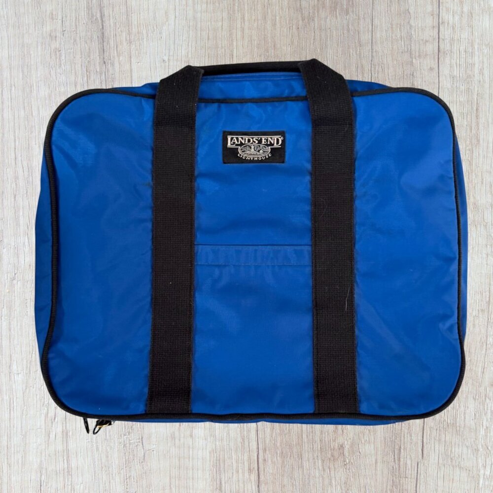 Vintage Lands End Lighthouse Nylon Luggage Travel Carry On Bag Blue Made in USA
